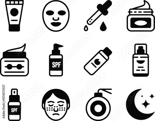 Collection of skincare and beauty product icons for cosmetic and wellness applications