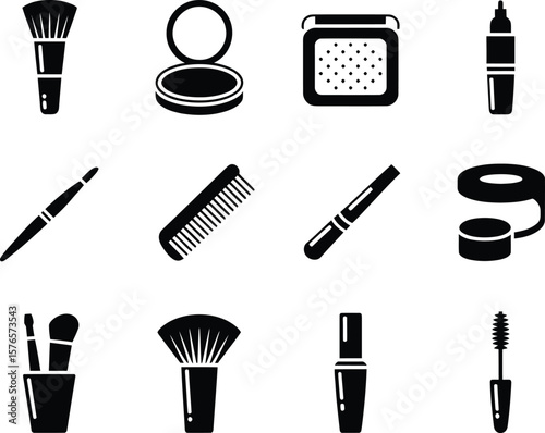Collection of black silhouette icons representing various makeup and beauty products