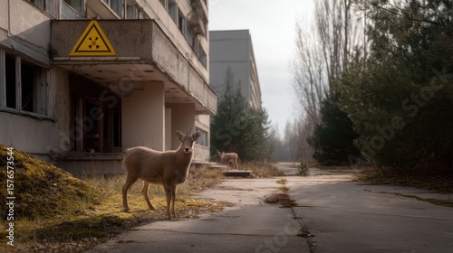 Chernobyl exclusion zone decaying pripyat building with wildlife presence