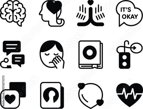 Collection of icons representing mental health and well being concepts
