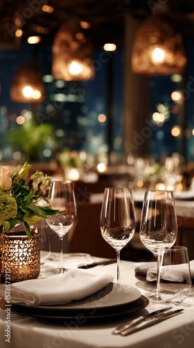 Elegant Dining Setup Featuring Wine Glasses and Fine Tableware in a Luxurious...