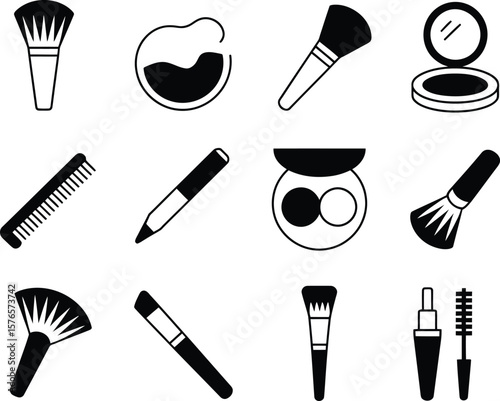 Collection of black and white icons representing makeup and beauty products