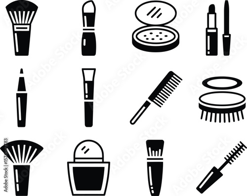 Collection of black and white icons representing various makeup and beauty products
