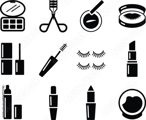 Collection of black and white icons representing various makeup products and tools