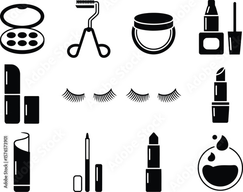 Collection of black and white icons representing various makeup and beauty products