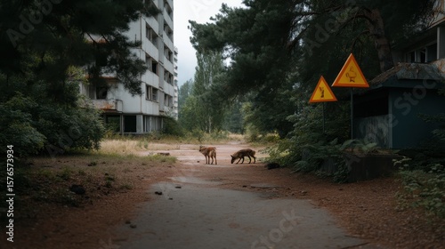 Abandoned pripyat building in chernobyl exclusion zone with wild animals