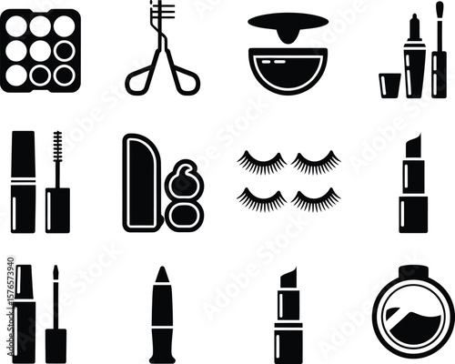 Collection of black and white icons representing various makeup products and tools