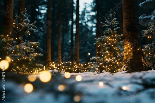 Enchanted Forest at Dusk With Glowing Lights Around Snowy Trees