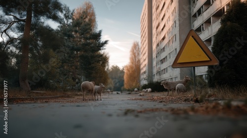 Urban decay in chernobyl exclusion zone with sheep in abandoned pripyat