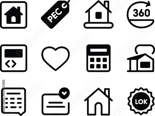 Collection of twelve modern black and white icons for real estate and technology