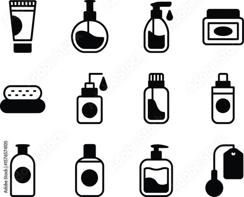 Collection of black and white icons representing skincare and beauty products