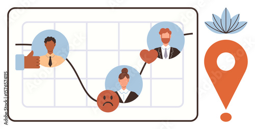 Line graph tracing team milestones with happy, neutral, and sad emotions, map marker, and thumbs-up symbols. Ideal for teamwork, emotion trends, progress tracking, goal setting collaboration