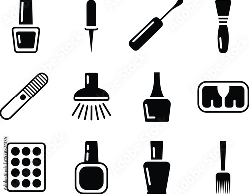 Collection of nail polish and manicure tools icons on white background
