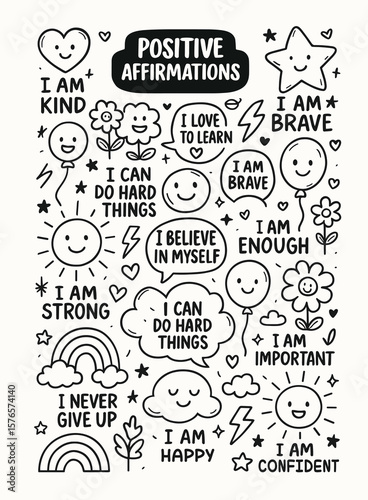 Hand-Drawn Illustration of Black and White Motivational Artwork - Set of Doodle art with Positive Affirmations