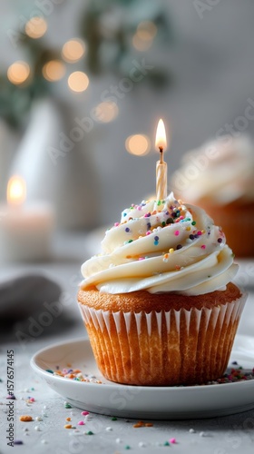 Celebrate With a Delicious Cupcake Featuring Creamy Frosting and a Lit Candle...