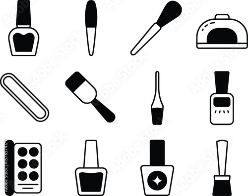 Collection of black and white icons for nail care and manicure services