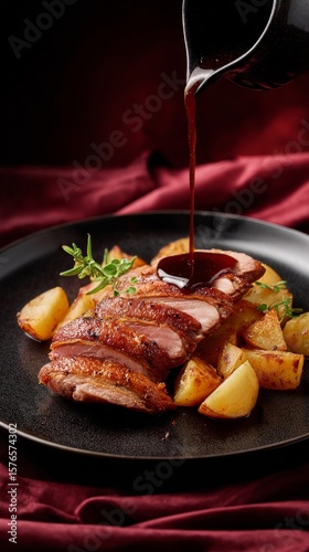 Succulent Roasted Duck Served With Potatoes and Herbs Drizzled With Rich Sauc...