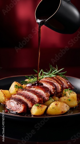 Succulent Roasted Duck Served With Potatoes and Herbs Drizzled With Rich Sauc...