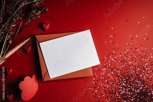 Romantic Flat Lay With Red Envelope, Blank Card, and Decorative Hearts for Sp...