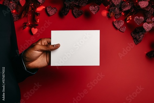Festive Red Background Showcasing a Blank Card, Envelope, Hearts, and Glitter...