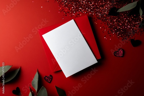 Festive Red Background Showcasing a Blank Card, Envelope, Hearts, and Glitter...