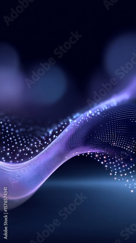 Abstract Digital Design With Flowing Lines and Glowing Particles in Dark Back...