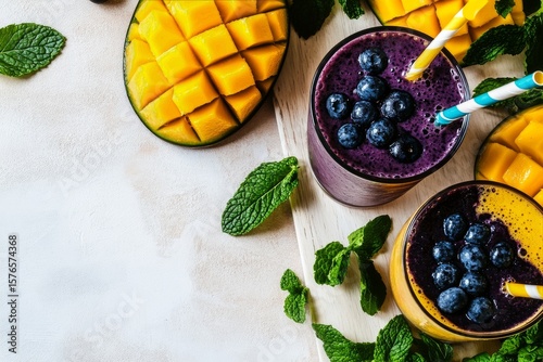 Refreshing Smoothies With Mango and Blueberries on a Wooden Board