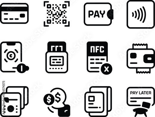 Collection of payment and financial transaction icons in a clean black and white style