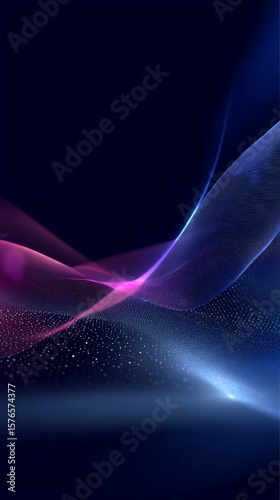 Abstract Digital Design With Flowing Lines and Glowing Particles in Dark Back...