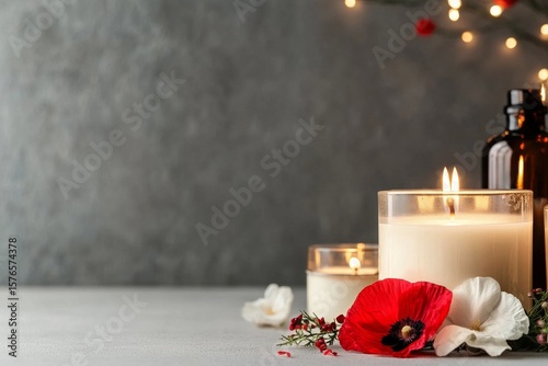 Beautiful Candle Arrangement With Flowers and Warm Light in a Cozy Indoor Set...