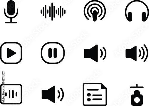 Collection of black audio and media icons on a white background