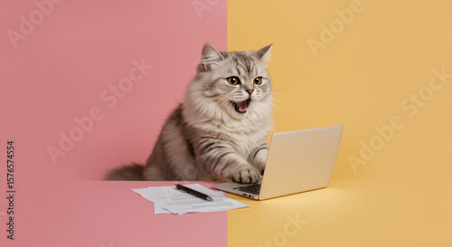 Funny fluffy silver tabby cat energetically typing on laptop at desk with split pink and yellow background. Cute cat busy working and studying. Online registration concept. Funny business presentation