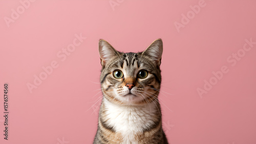 Close-up portrait of a tabby cat with green eyes. Headshot of a domestic cat looking at the camera against a pink background. For pet shop, pet shelter, vet clinic advertisement banner