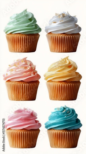 Colorful Cupcakes With Various Frosting Styles Arranged on a White Background