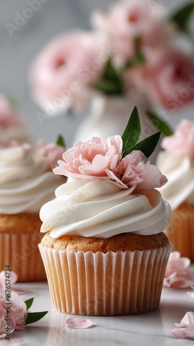 Delicious Cupcakes With Cream Frosting and Floral Decoration in a Cozy Setting