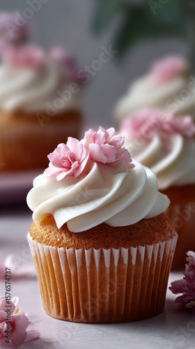 Delicious Cupcakes With Cream Frosting and Floral Decoration in a Cozy Setting