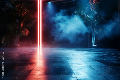 Bright Neon Lights Illuminate a Dark Space With Mysterious Fog During a Creat...