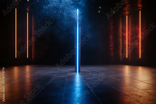 Bright Neon Lights Illuminate a Dark Space With Mysterious Fog During a Creat...