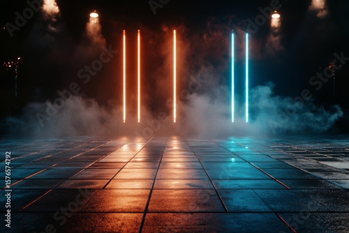 Colorful Neon Lights Illuminate an Empty Dance Floor in a Nightclub Setting D...