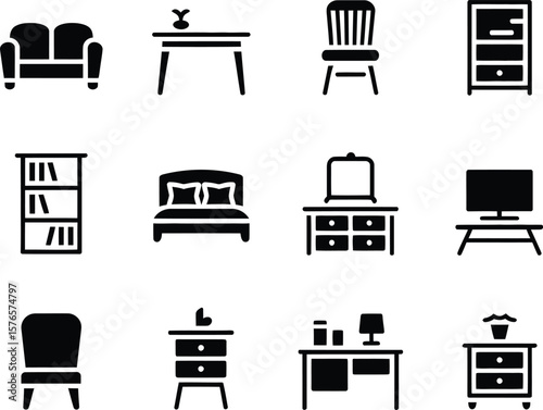 Collection of black furniture icons for home and office interior design