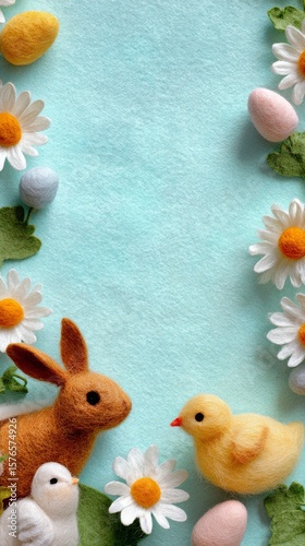Cute Felt Bunny and Chick With Spring Flowers and Pastel Eggs on a Blue Backg...
