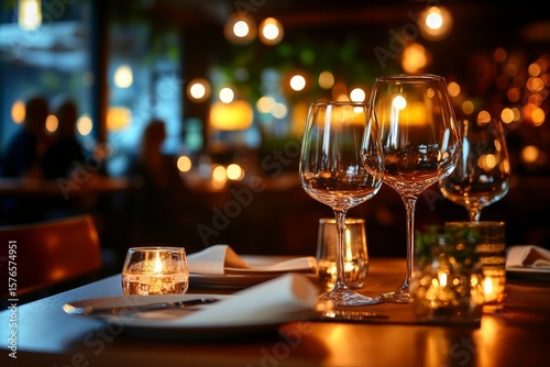 Elegant Table Setting at a Cozy Restaurant During the Evening With Glowing Ca...