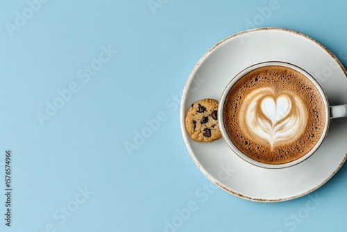 Enjoying a Warm Cup of Coffee With Heart-Shaped Latte Art and a Chocolate Coo...