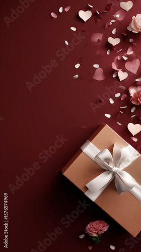 Gift Box With Ribbon and Decorative Hearts on a Deep Red Background for a Rom...