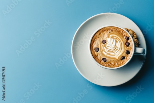 Enjoying a Warm Cup of Coffee With Heart-Shaped Latte Art and a Chocolate Coo...