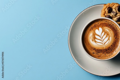 Delicious Coffee With Latte Art and a Chocolate Chip Cookie on a Blue Background