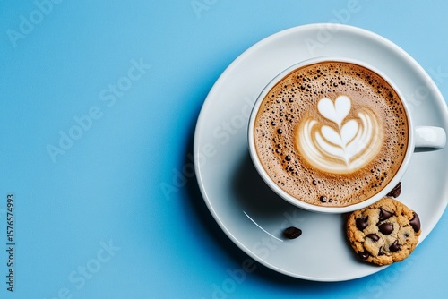 Delicious Coffee With Latte Art and a Chocolate Chip Cookie on a Blue Background