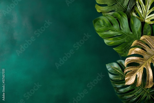 Natural Green and Golden Tropical Leaves Create an Elegant Background for Dec...