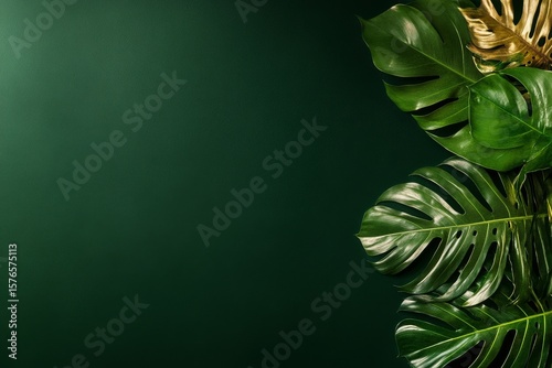 Lush Green Monstera Leaves Placed Against a Dark Green Background Creating a ...