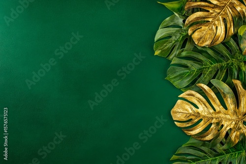 Lush Green Monstera Leaves Placed Against a Dark Green Background Creating a ...